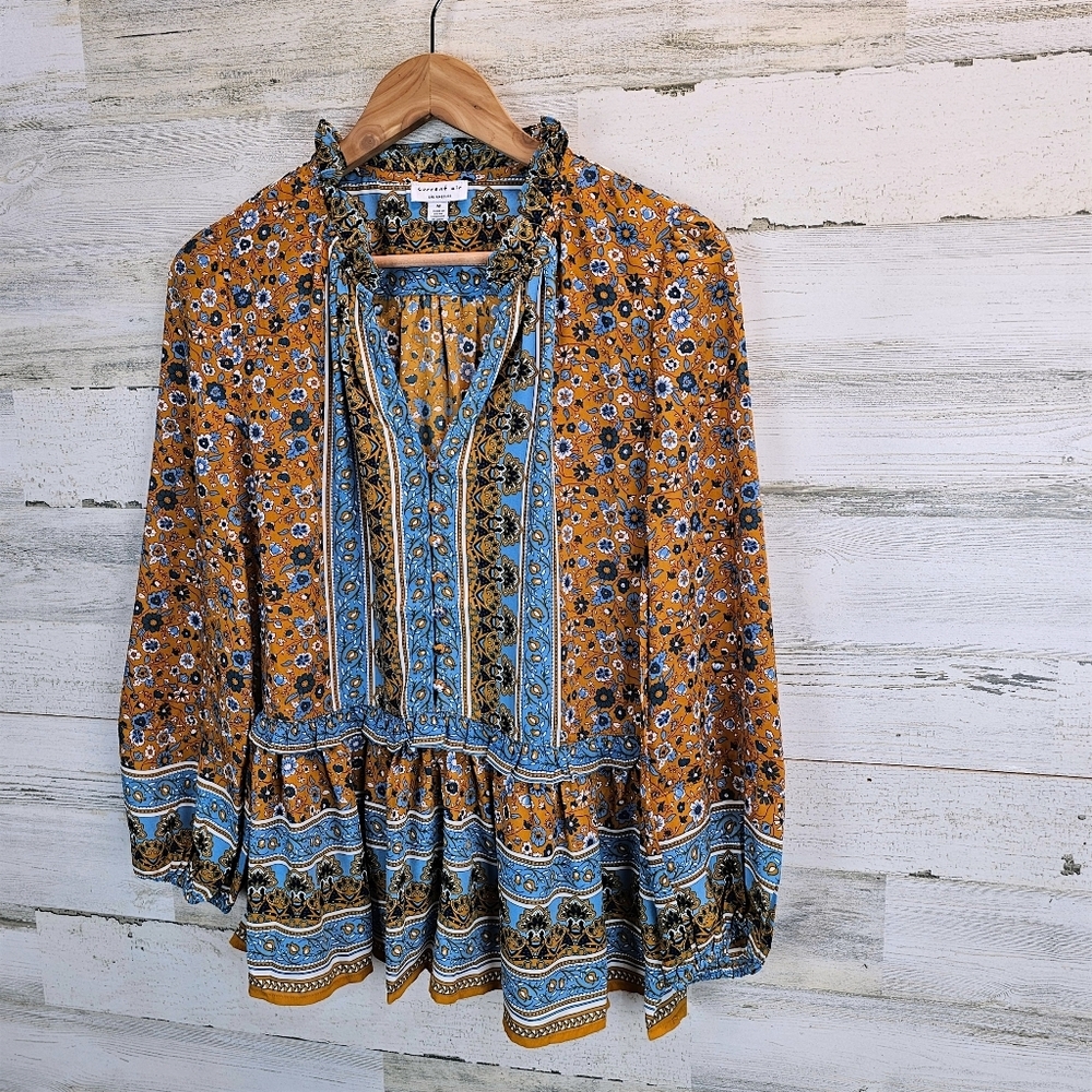 Current Air Boho Folk Floral Ruffle Neck Peasant Blouse Medium Tiered Hem - Picture 4 of 15